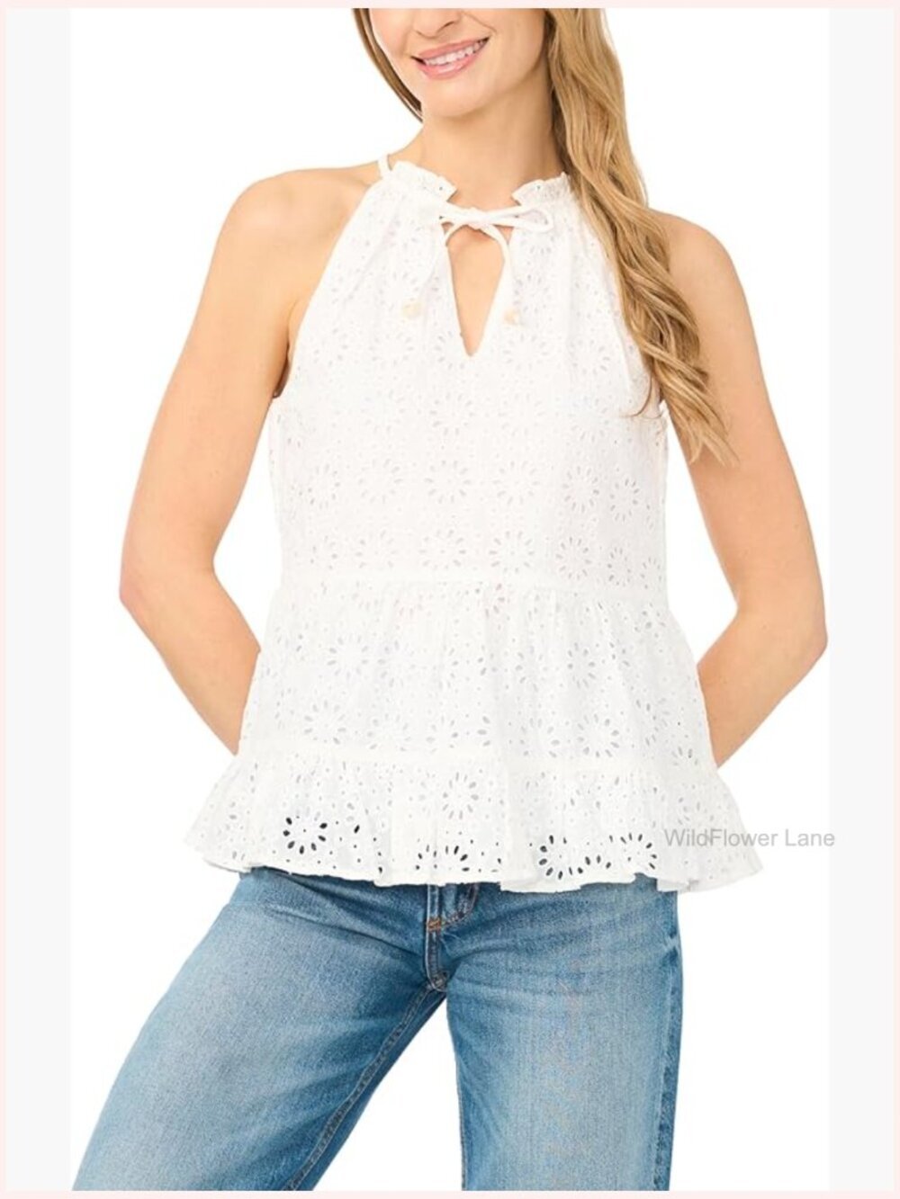 Lace Tie Neck Sleeveless Blouse, Cotton, Classic Fit, Pull On